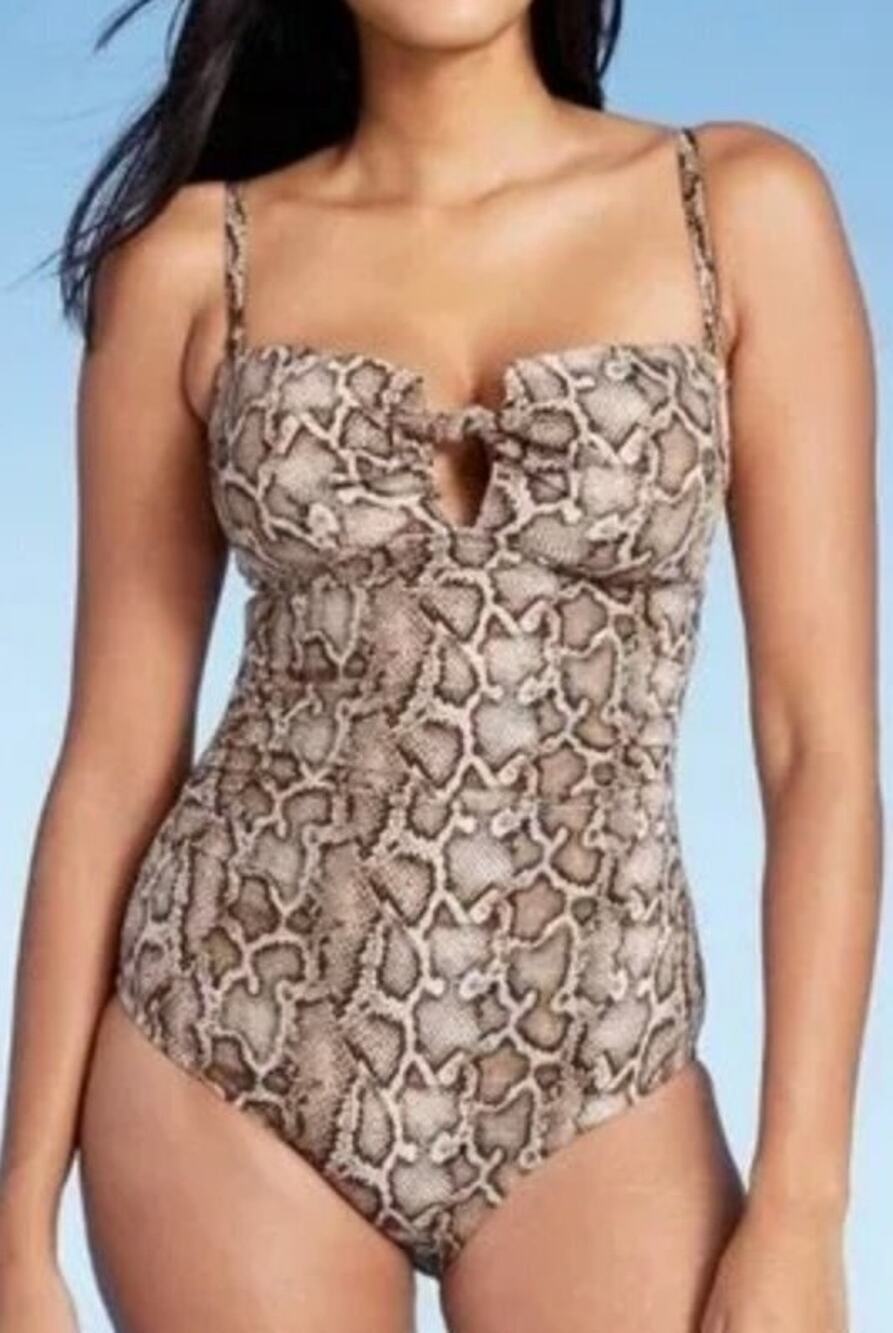 NEW KONA SOL BROWN SNAKE PRINT TIE FRONT ONE PIECE SWIMSUIT SMALL 4-6